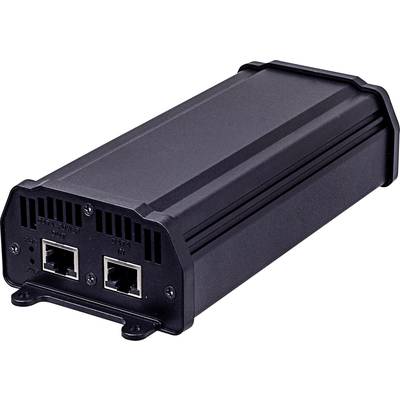 'Dispositif injecteur Power over Ethernet (PoE) noir avec deux ports Ethernet, conçu pour la connectivité réseau et l'alimentation électrique.'