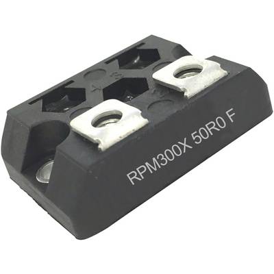Composant électronique noir portant l'inscription 'RPM300X 50R0 F', avec deux bornes métalliques en haut, utilisé dans les circuits électriques.