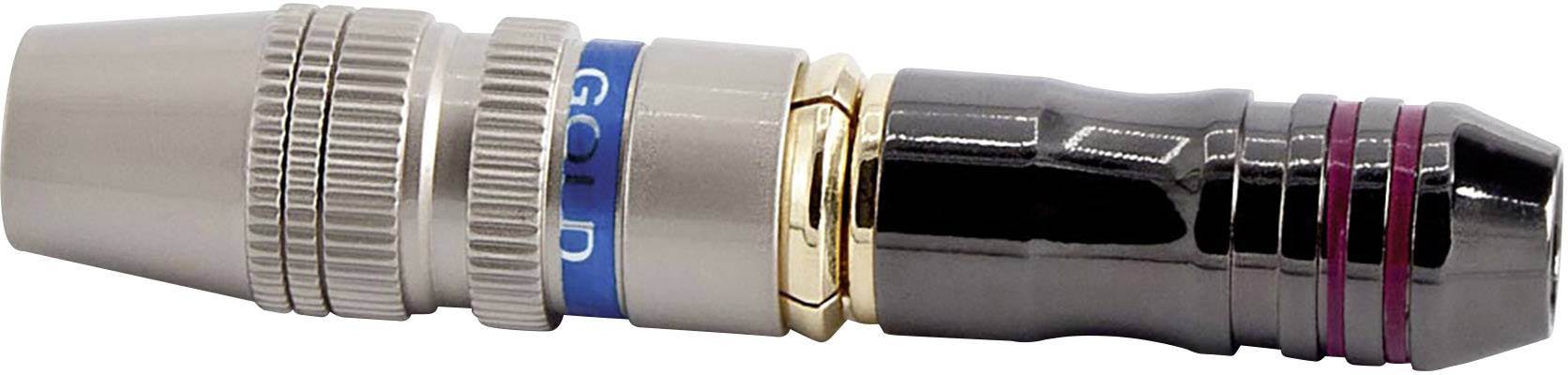 Connecteur de câble coaxial avec boîtier métallique, bague bleue portant l'inscription 'Gold', poignée noire avec des bagues mauves.