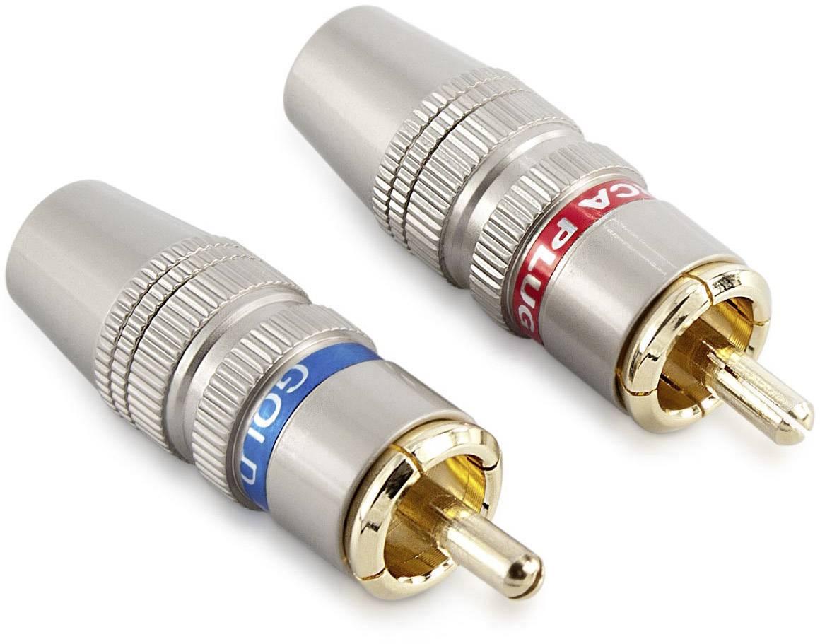 Deux fiches Cinch, l'une avec un anneau rouge et l'autre avec un anneau bleu, sont posées côte à côte sur un fond blanc.