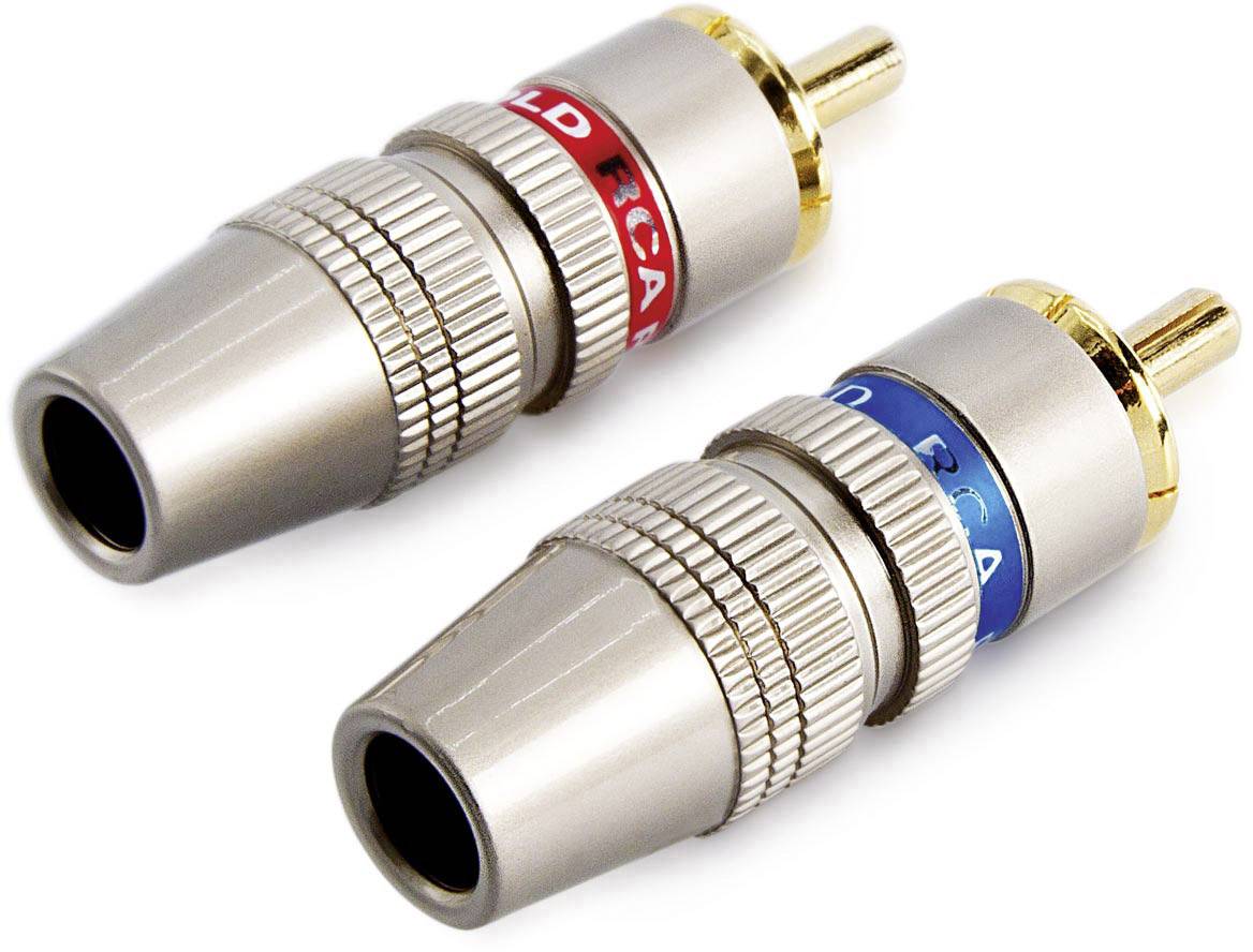 Deux fiches RCA audio, l'une avec un anneau rouge, l'autre avec un anneau bleu. Elles ont des contacts dorés et des manchons métalliques striés.