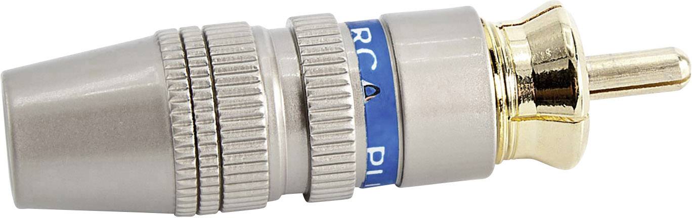 Un connecteur RCA argenté avec un embout doré, adapté aux connexions audio ou vidéo dans les appareils électroniques.