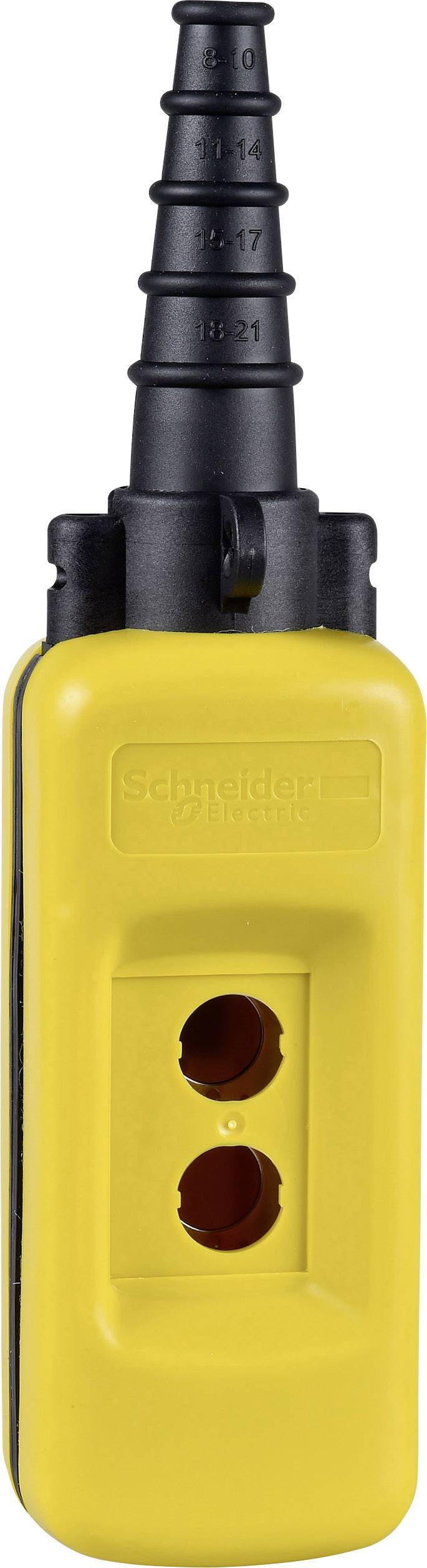 Dispositif de commande à deux touches jaune avec connexion de câble noir.