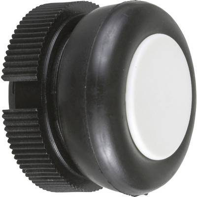Un bouton-poussoir noir, rond, avec un bord texturé et une surface blanche au centre, utilisé pour commander des appareils électroniques.