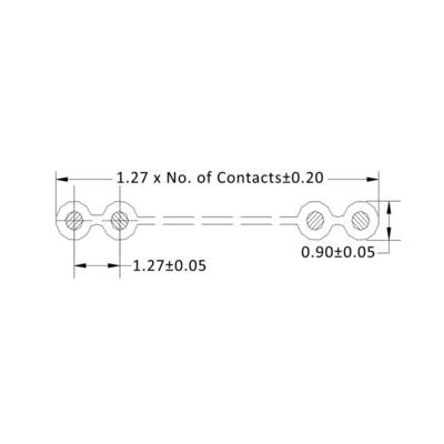Dessin technique avec dimensions : Largeur 1,27 fois le nombre de contacts, plus/moins 0,20 ; Écart 1,27 plus/moins 0,05 ; Hauteur 0,90 plus/moins 0,05.