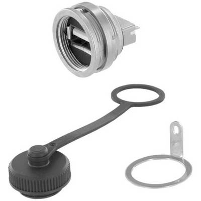 Une fiche USB ronde avec filetage de vis, à côté d'un capuchon de protection avec une boucle métallique et un anneau de fixation.