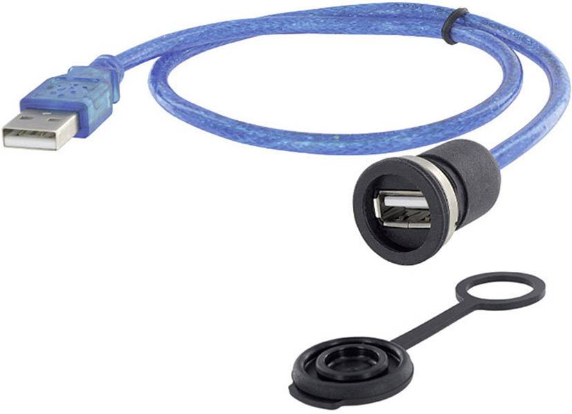 Un câble USB bleu avec une fiche USB-A et un connecteur femelle noir est présenté. Un capuchon de protection est posé à côté.