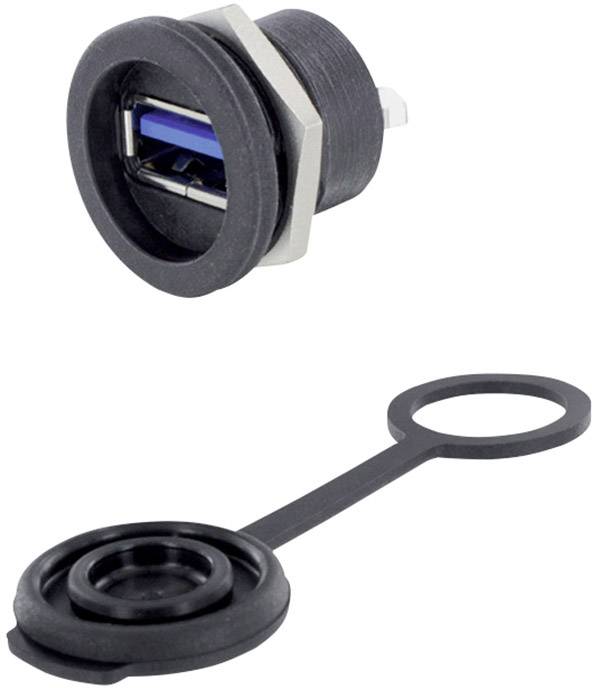 Prise USB avec capuchon de protection. La prise est cylindrique et noire, avec une entrée USB bleue ; le capuchon est rond et muni d'une lanière de fixation.