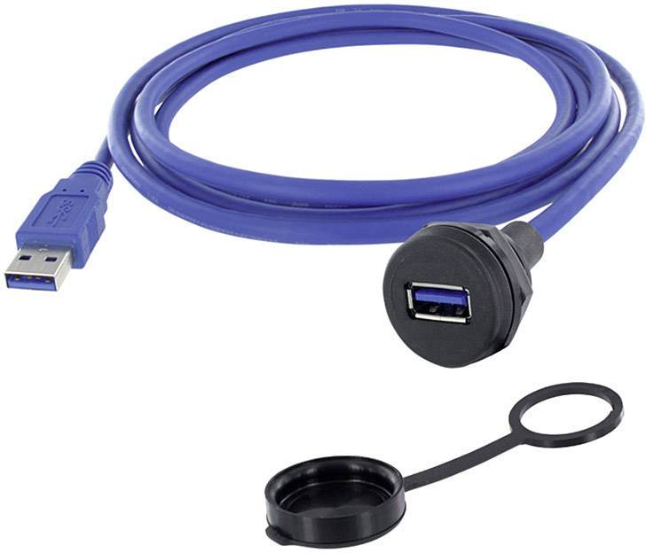 Câble de rallonge USB 3.0 bleu avec connecteur femelle et couvercle noir.
