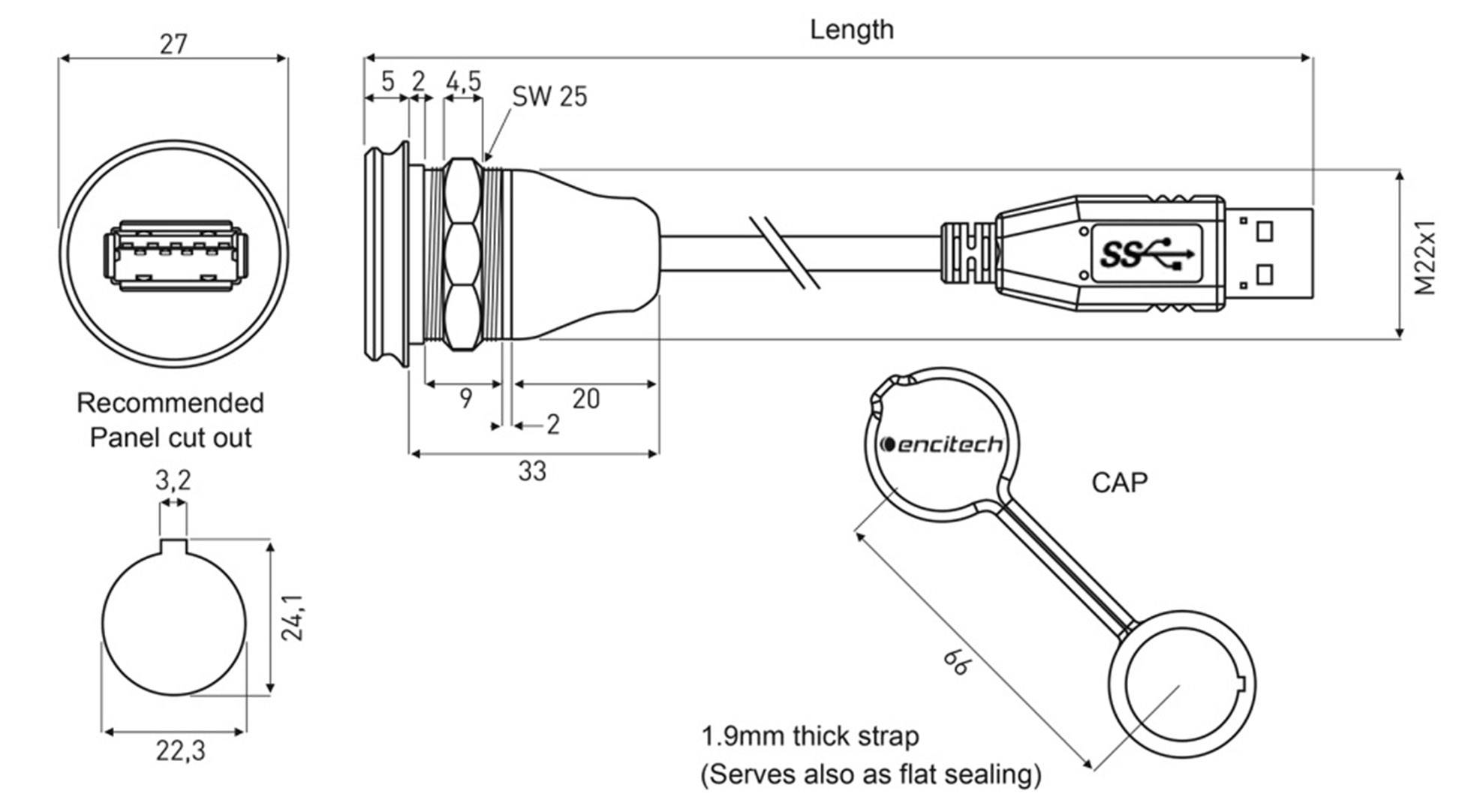 'Dessin technique d'une connexion USB, montrant les vues latérale et frontale avec dimensions. Comprend une vue détaillée du capuchon et de la sangle.'