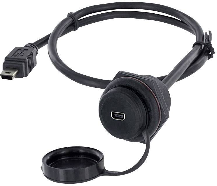 Câble USB noir avec connecteur Micro-USB et capuchon de protection amovible, adapté aux applications étanches.