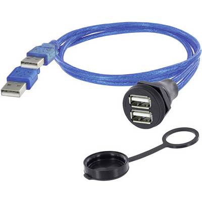 Un câble USB bleu avec quatre ports. À côté, un capuchon noir pour protéger les connexions.