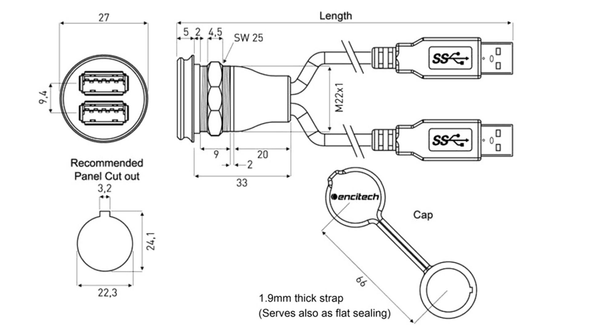 Dessin technique d'un connecteur USB avec dimensions et détails. Présente deux fiches USB, des câbles, des trous de montage et un capuchon de protection.
