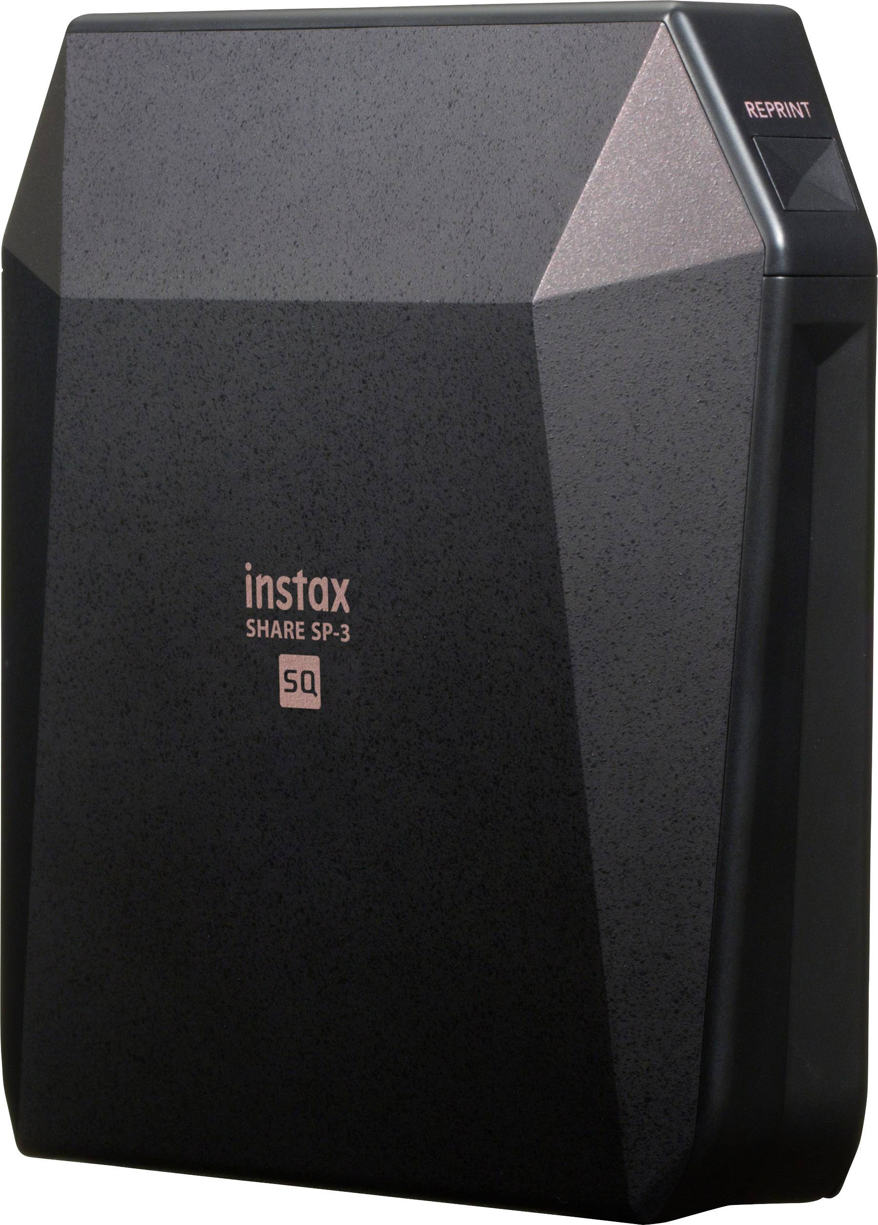 Un imprimante photo mobile noir avec le texte 'instax SHARE SP-3'. En haut se trouve un bouton portant l'inscription 'Réimprimer'.