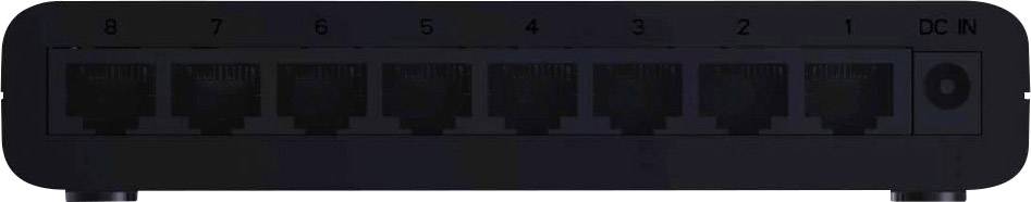 Commutateur réseau avec huit ports LAN, numérotés de 1 à 8, et une connexion d'alimentation à droite.