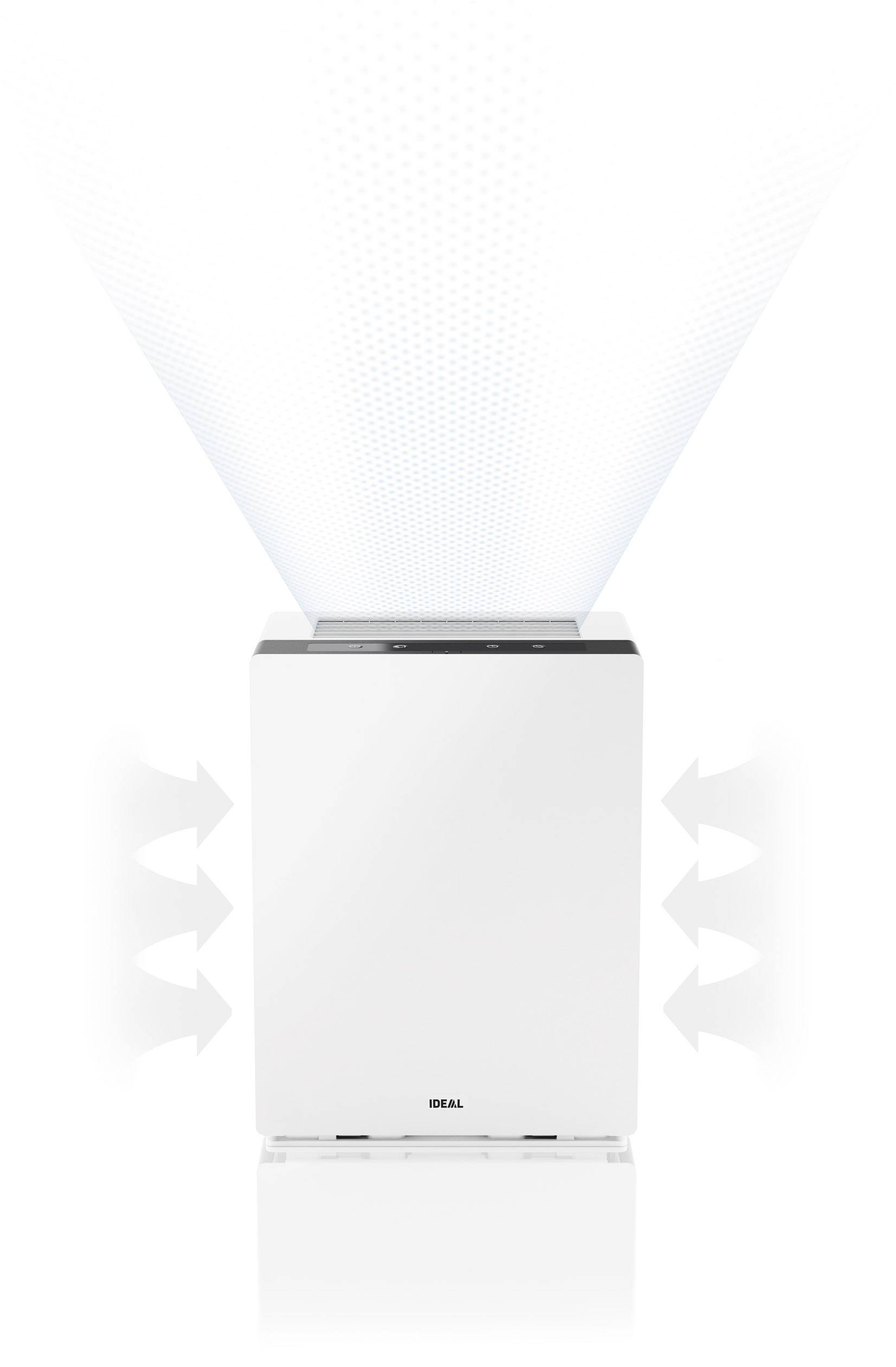 Purificateur d'air à boîtier rectangulaire ; les flèches indiquent le flux d'air entrant et sortant vers le haut de l'appareil.