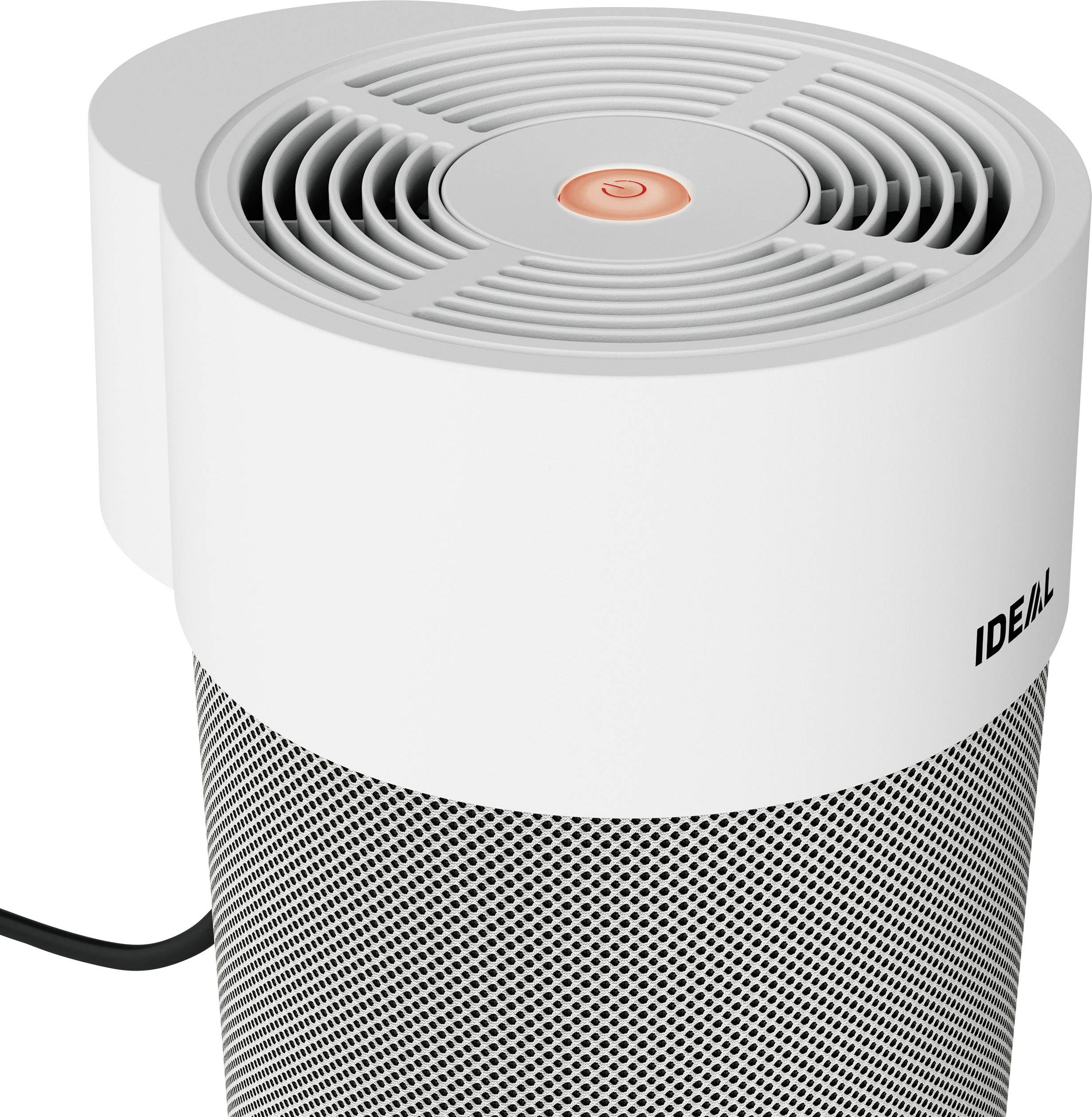 Purificateur d'air à boîtier rond, avec entrée d'air centrale et bouton marche orange lumineux.