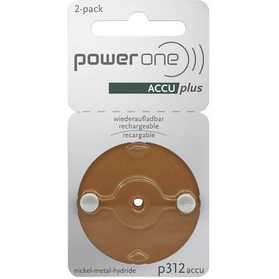 Deux batteries rechargeables de type p312 de Power One pour appareils auditifs. L'emballage présente la batterie brune, adaptée aux prothèses auditives.