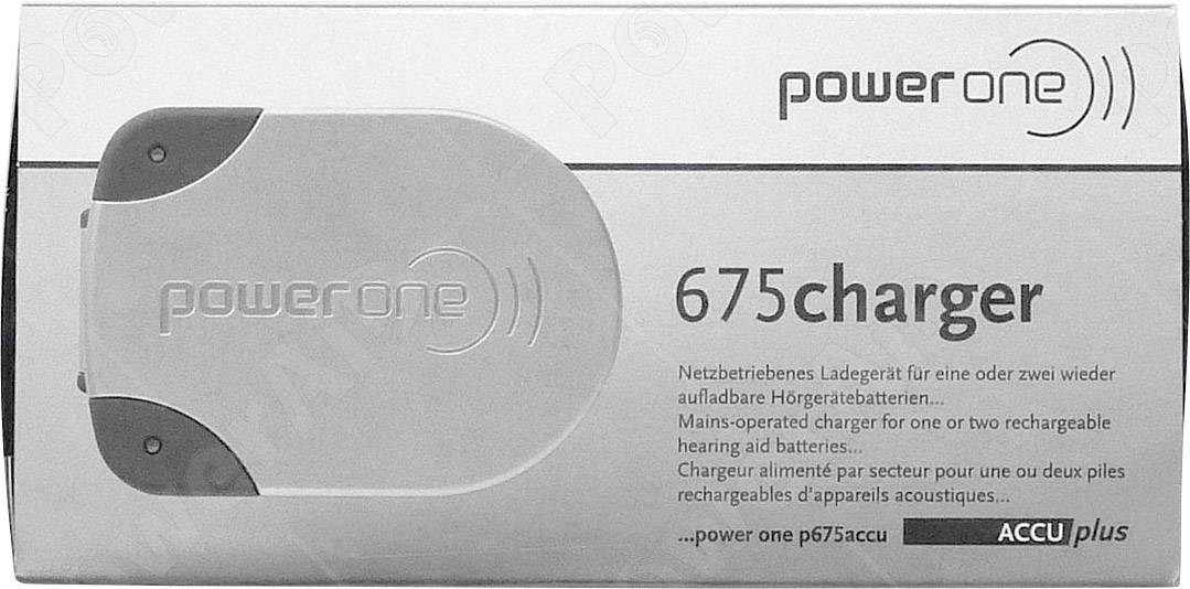 Emballage d'un chargeur pour piles d'appareil auditif 'power one' 675, compatible avec des batteries rechargeables.