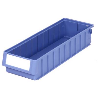 Conteneur en plastique bleu de forme rectangulaire avec un couvercle ouvert et un champ d'étiquette inscriptible sur la face avant.