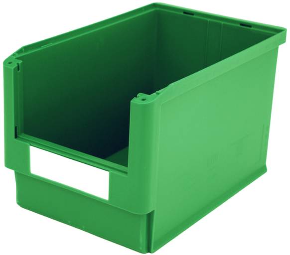 Boîte de rangement en plastique vert avec façade ouverte, permettant un accès facile au contenu. Utilisable dans les entrepôts ou les ateliers pour le stockage.