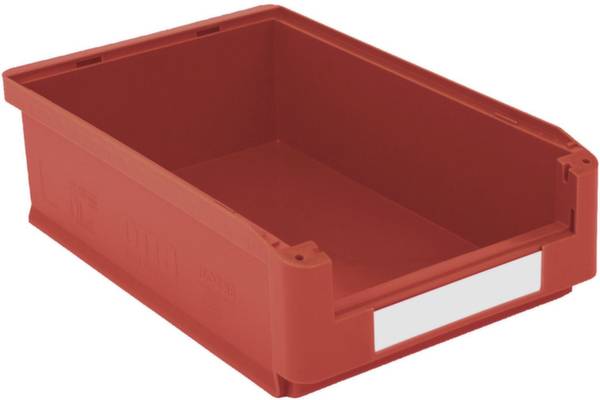 Boîte en plastique rouge, rectangulaire et ouverte, avec un champ d'étiquette blanc sur l'avant. Idéale pour le rangement de petits objets.