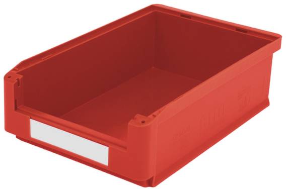 Boîte en plastique rouge avec un couvercle rectangulaire ouvert. Adaptée au rangement de petits objets.