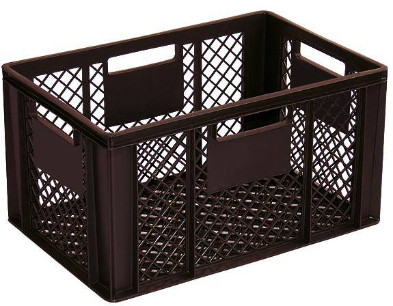 Boîte en plastique noir au design quadrillé, rectangulaire, ouverte sur le dessus, avec deux poignées de transport sur les côtés étroits.