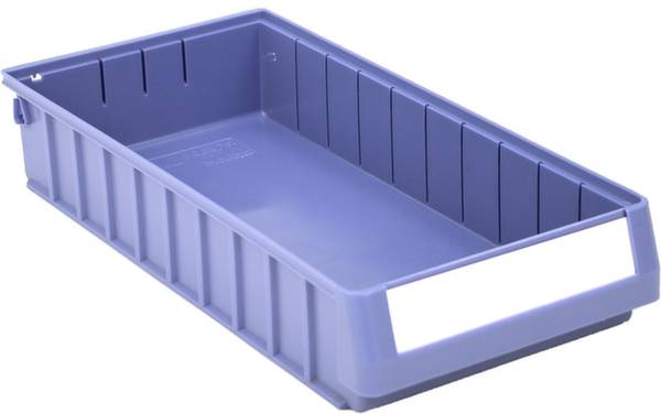 Boîte en plastique rectangulaire de couleur lilas, dotée de rainures verticales sur les côtés et d'une extrémité ouverte. Pratique et facile à utiliser pour le rangement.