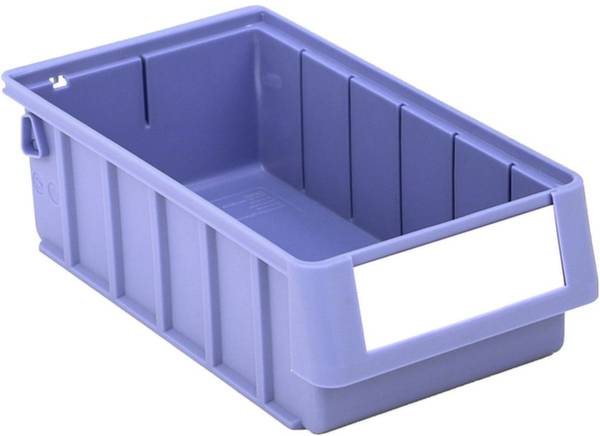 Un conteneur en plastique bleu vide, rectangulaire, avec des parois hautes et un dessus ouvert.