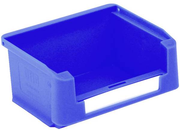 Un conteneur de stockage bleu ouvert en plastique avec un porte-étiquette à l'avant. Utilisé pour le rangement de petits objets.