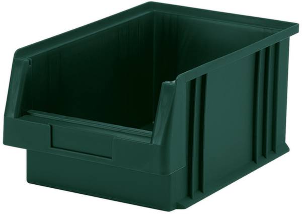 Boîte en plastique vert avec accès ouvert sur l'avant, idéale pour le rangement d'objets.