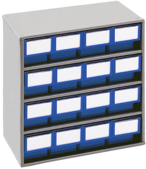 Étagère métallique avec petits tiroirs bleus et étiquettes blanches, adaptée au rangement de petites pièces dans les ateliers.