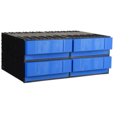 Une pile de quatre boîtes de rangement bleues avec un cadre noir, adaptées pour ranger de petits objets ou des outils.