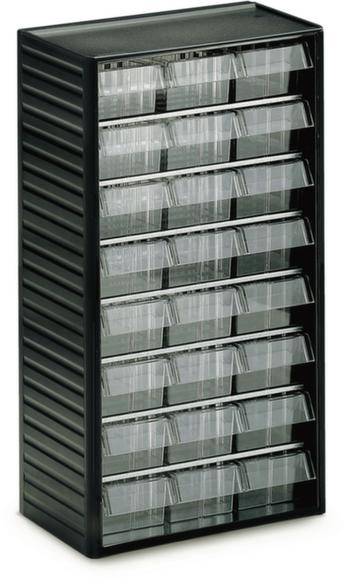 Une étagère noire en plastique avec douze tiroirs transparents pour le rangement de petits objets.