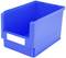 Boîte de rangement bleue en plastique avec ouverture frontale, adaptée au stockage de petits objets.