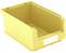 Une boîte en plastique jaune ouverte avec des bords renforcés et un support d'étiquette blanc à l'avant, adaptée au stockage ou à l'organisation.