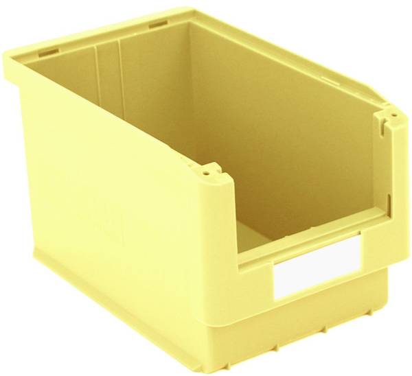 Boîte en plastique jaune avec couvercle ouvert et découpe rectangulaire à l'avant, adaptée au rangement d'objets.