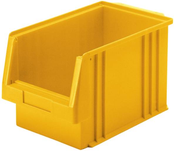 Boîte en plastique jaune avec un accès ouvert sur l'avant. Adaptée au stockage ou à l'organisation de petits objets.