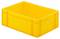 Boîte de rangement jaune en plastique, de forme rectangulaire et à couvercle ouvert, sur fond blanc. Elle semble robuste et adaptée au stockage.