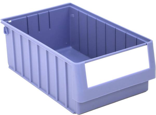 Une boîte de rangement rectangulaire de couleur lilas, avec des côtés rainurés et un champ d'étiquetage blanc sur la face avant.