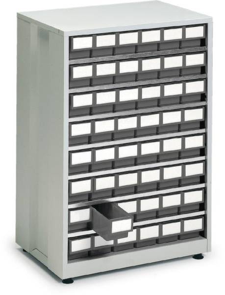 Un casier métallique gris avec de nombreux petits tiroirs, dont un est tiré. Idéal pour le rangement de petites pièces.