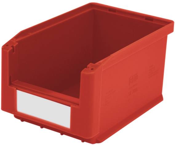 Caisse en plastique rouge avec une découpe rectangulaire sur la face avant et un champ d'étiquette blanc inscriptible.