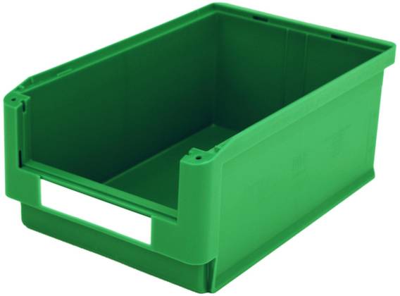 Boîte de rangement rectangulaire en plastique vert, sans couvercle, avec une découpe de poignée sur un côté, destinée au stockage ou au transport.