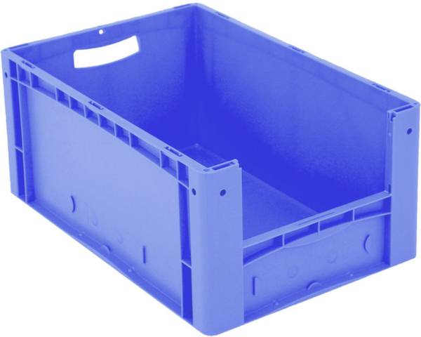 Caisse en plastique bleu avec ouverture de poignée, adaptée au stockage ou au transport.