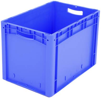 Caisse en plastique bleu avec couvercle ouvert et poignées de transport, adaptée au stockage ou au transport.