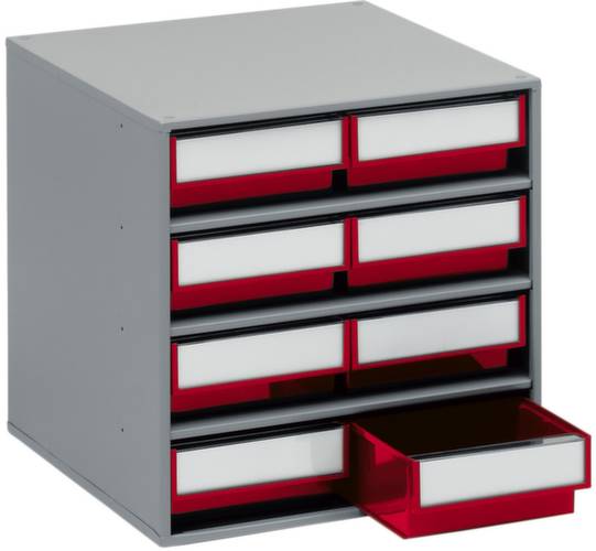 Armoire métallique avec huit petits tiroirs rouges, dont un est ouvert. Idéal pour le rangement de petits objets ou de documents.