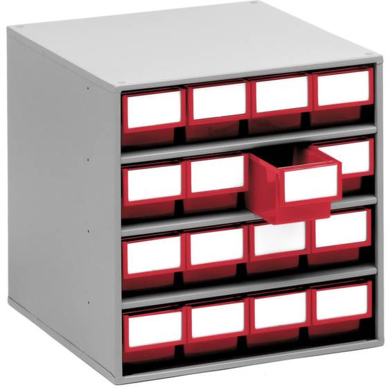Un placard de rangement blanc avec quatre rangées de tiroirs rouges. Un tiroir est à moitié ouvert. Adapté à l'organisation.