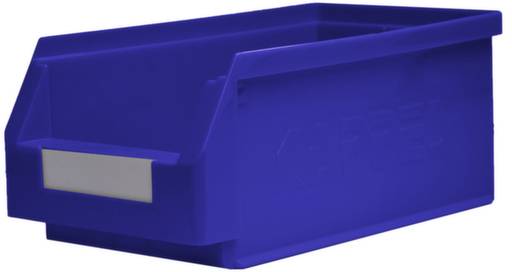 Conteneur bleu de stockage avec ouverture avant et zone de marquage sur le côté.