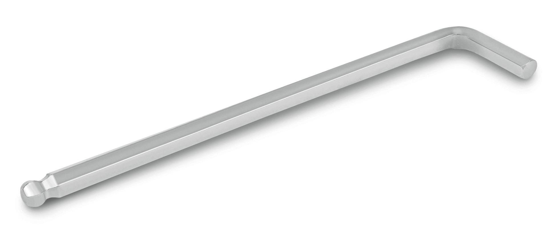 Une clé Allen en argent avec une tête sphérique d'un côté et une extrémité coudée de l'autre côté.